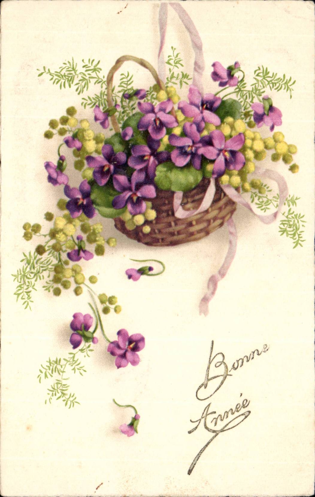 Fleurs - Sweet basket of purple flowers - CPA 