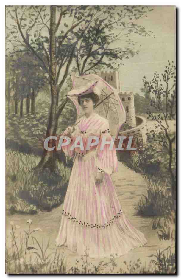 Femme en robe rose et parapluie — devant un château — série 805 — éditeur non visible