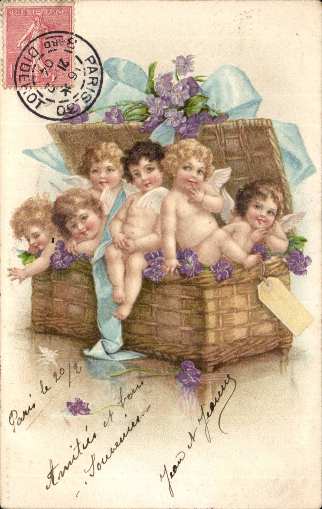 Fantaisie - Bebes - anges - cute baby angels in a basket - CPA 