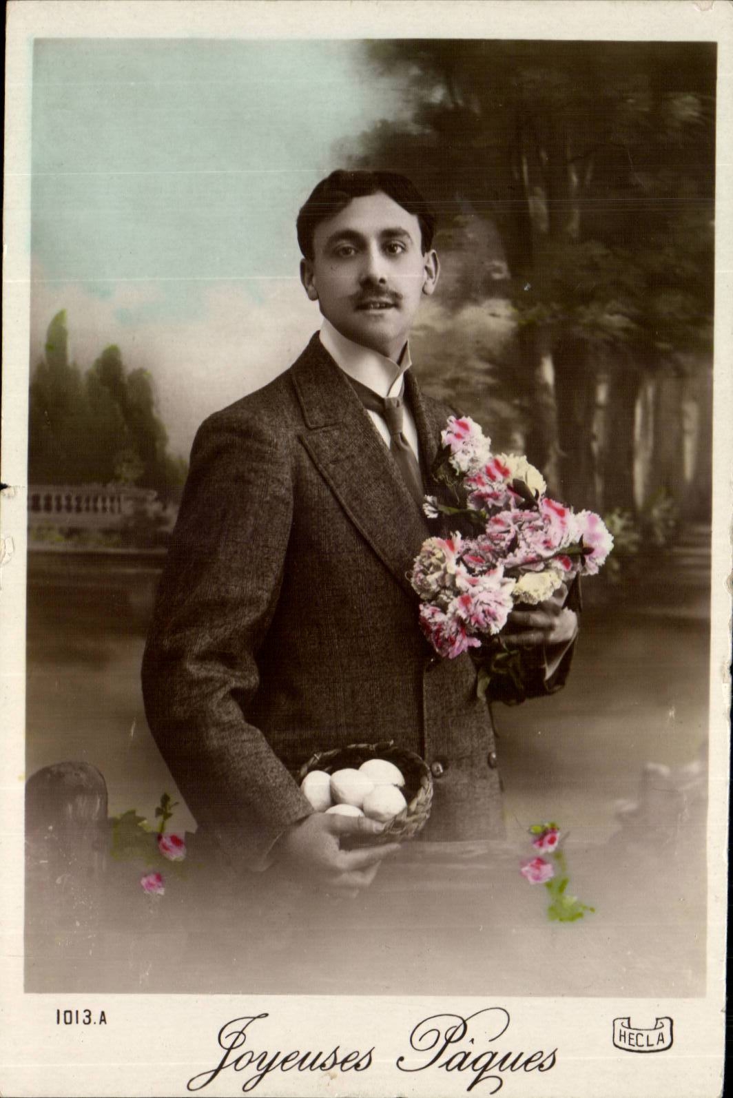 Fantaisie - Homme - Man with bouquet - CPA 