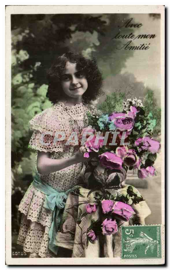 Fantaisie - Enfant - Little girl with pretty bouquet - Avec toute mon Amitie 