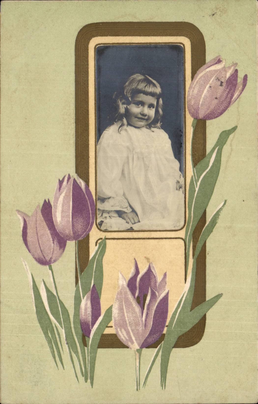 Fantaisie - Enfant - tulipe - Sweet child with tulip border - CPA 