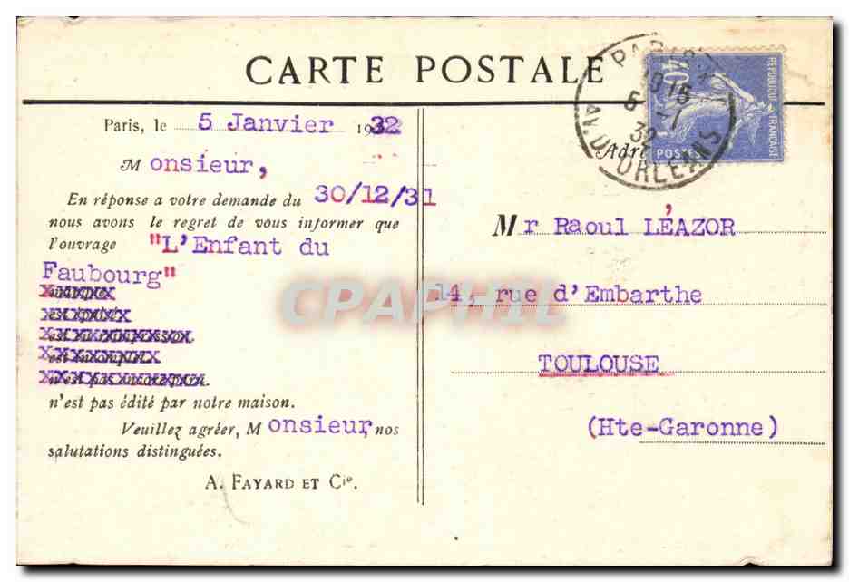 Paris - 14 - Librairie Atheme Faynard - Rue de Saint Gothard - CPA  — Rückseite