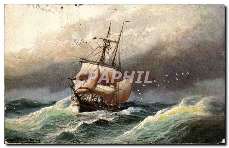 Navire à voile en mer agitée — peinture — éditeur inconnu