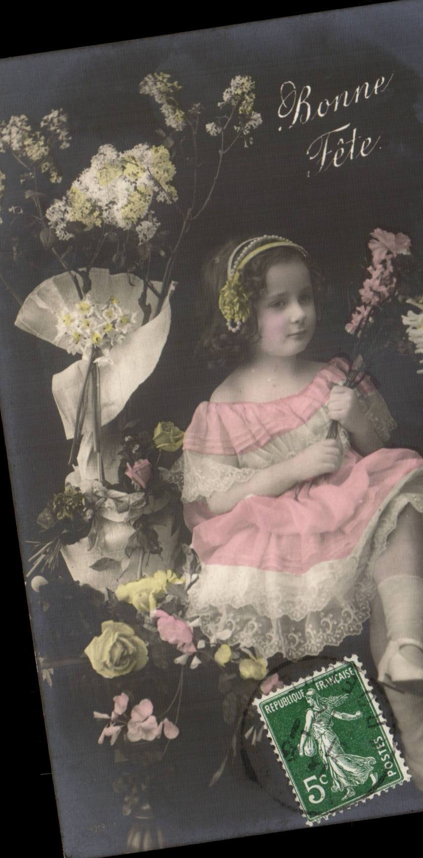Fantaisie - Heureuse Annee - Curly Haired Girl with beaded headband - muguet - lily of the valley - CPA 