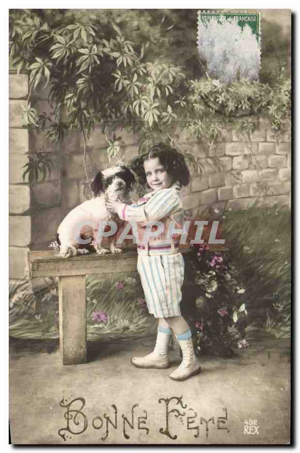Fantaisie - Enfant - chien - Little Girl with friendly dog - Bonne Fete - CPA 