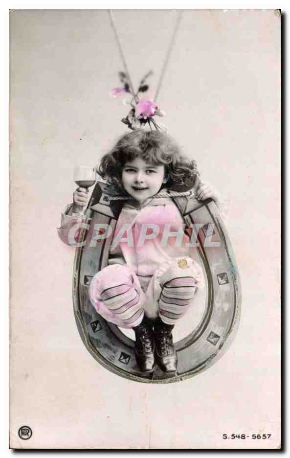 Fantaisie - Enfant - Little girl with glass of wine - vin - - horseshoe - cheval a fer - CPA 