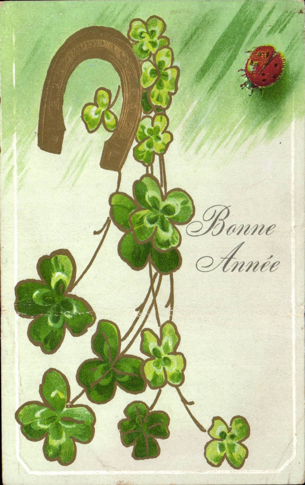 fetes - Bonne Annee - Porte Bonheur - trefle - cheval a fer - ladybug - ladybird - four leaf clover - CPA 