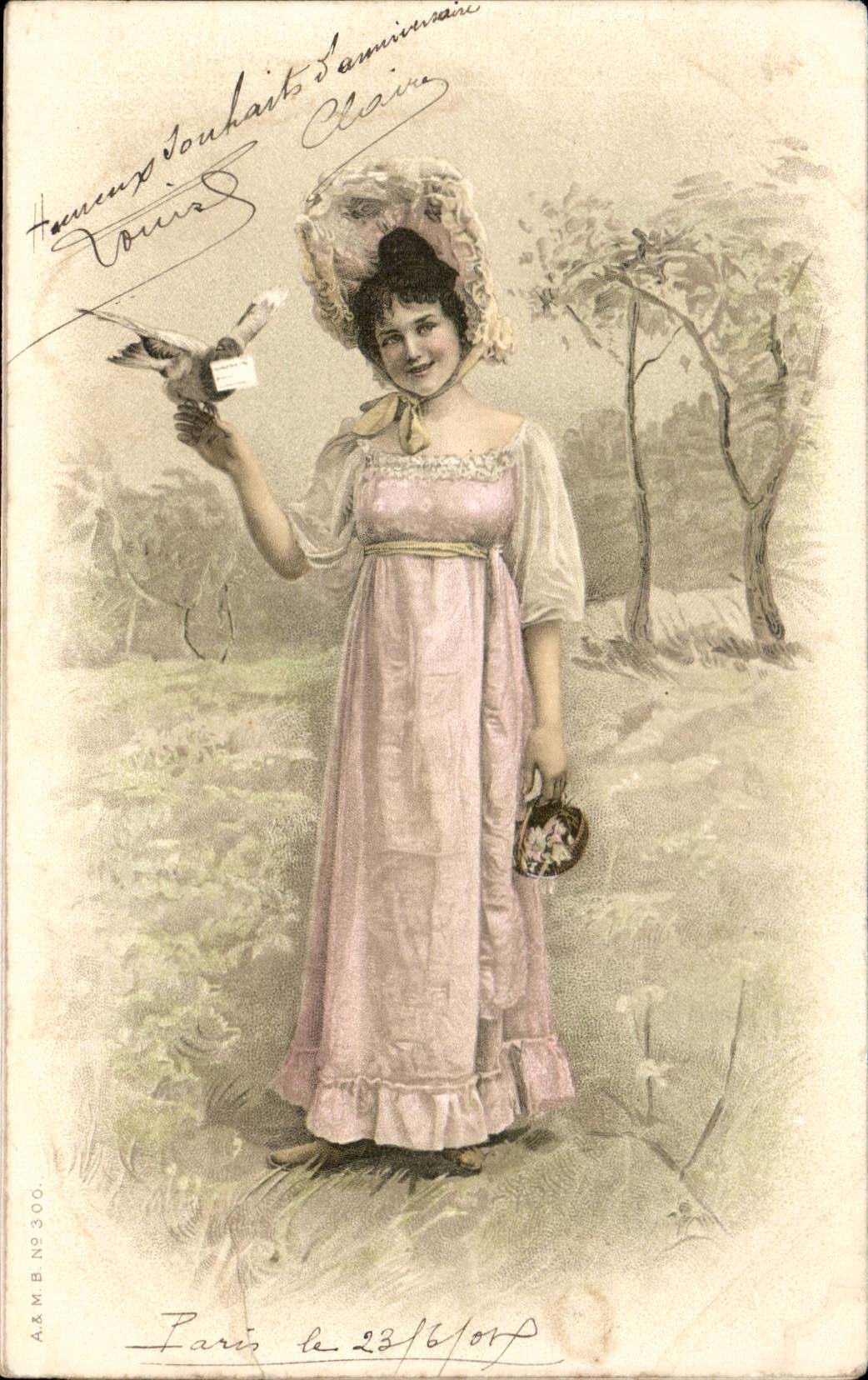 fantaisie - Femme - Woman with carrier pigeon - CPA 