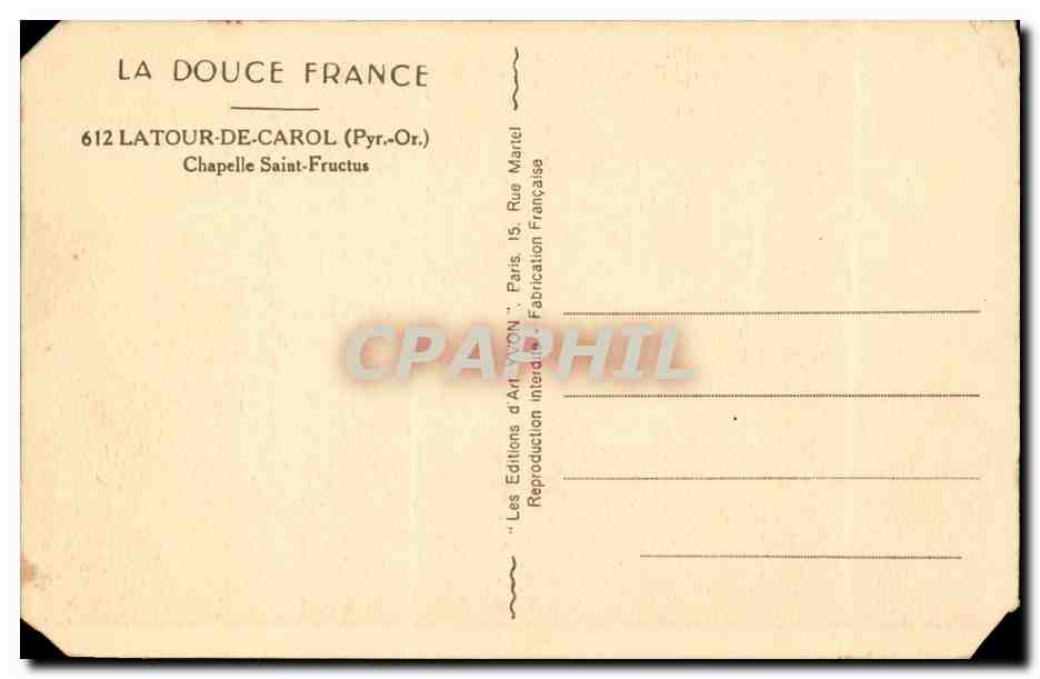 Latours de Carol - Chapelle Saint Fructus - CPA  — Rückseite