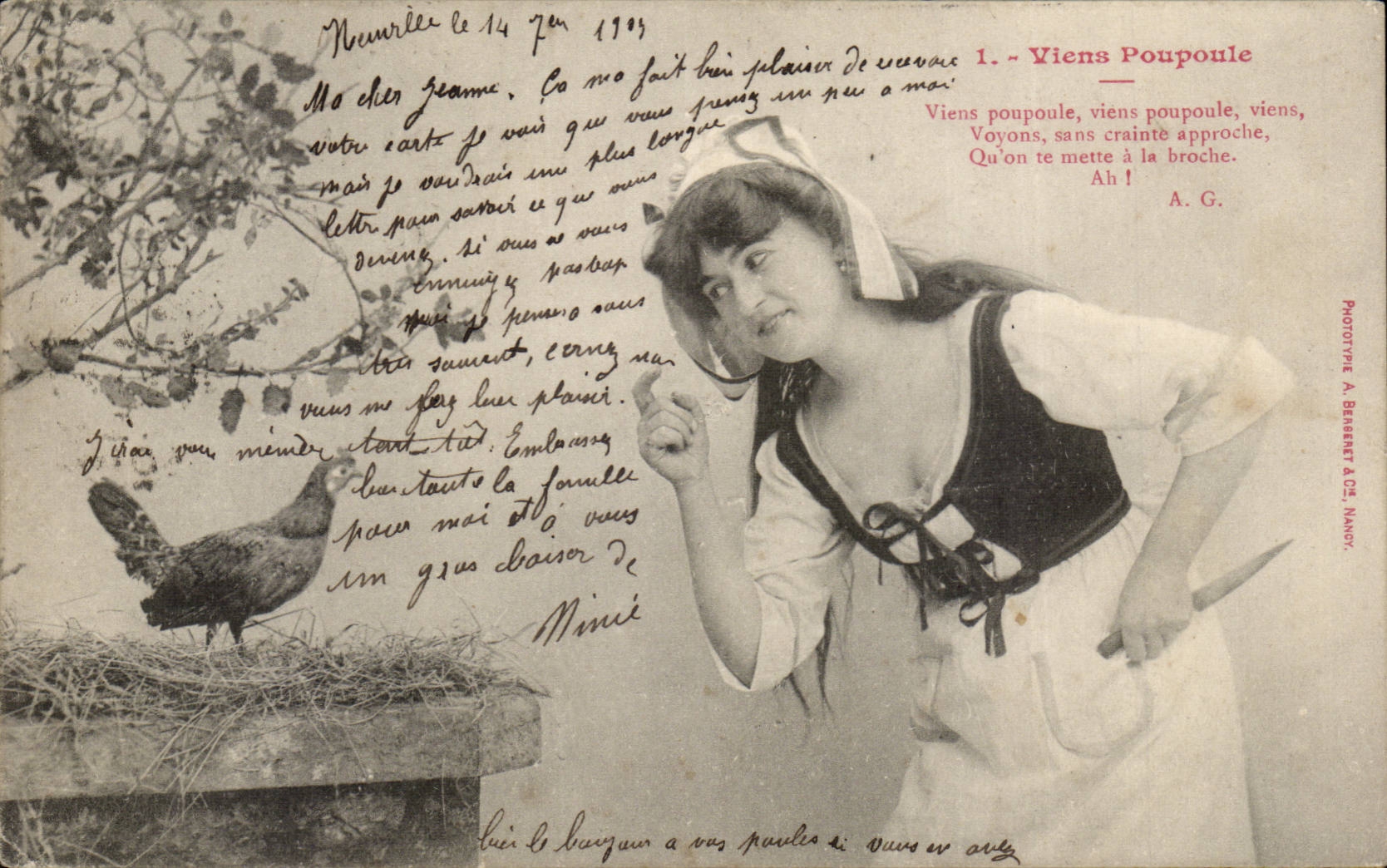 Junge Frau im Bauernkleid — Lied 'Komm, Poupoule' — Phototype A. Bearett in Orléans
