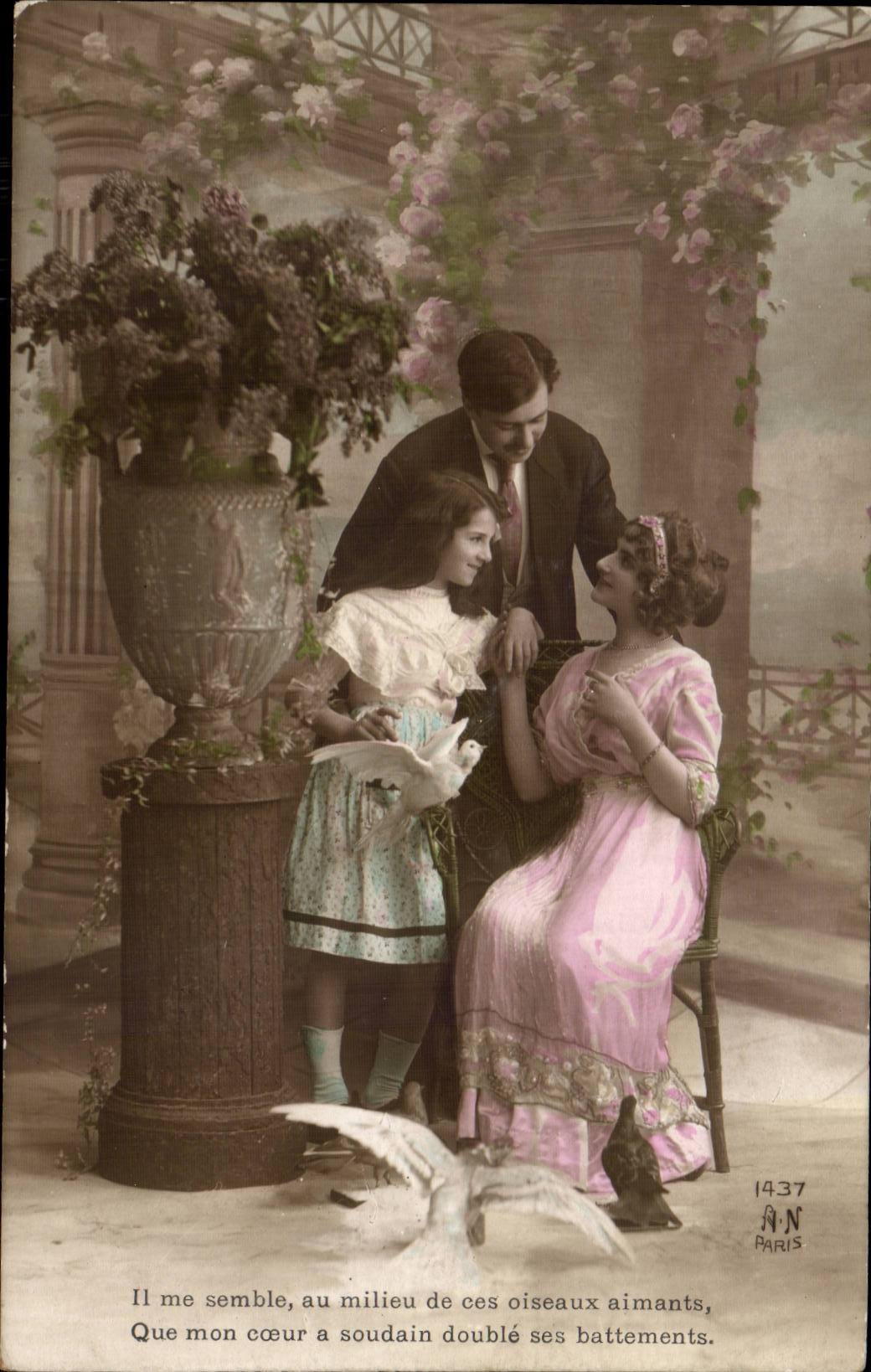 Familia en el jardín — escena romántica con paloma — A.N. Paris, n° 1437