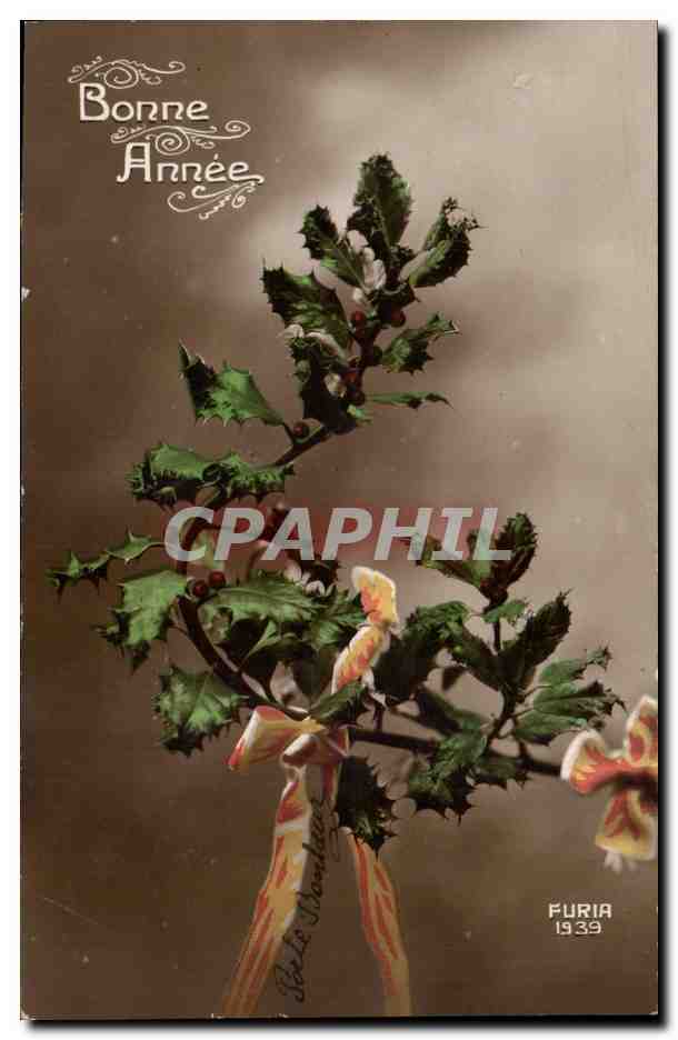 Fetes - Bonne Anne - houx - holly - CPA 