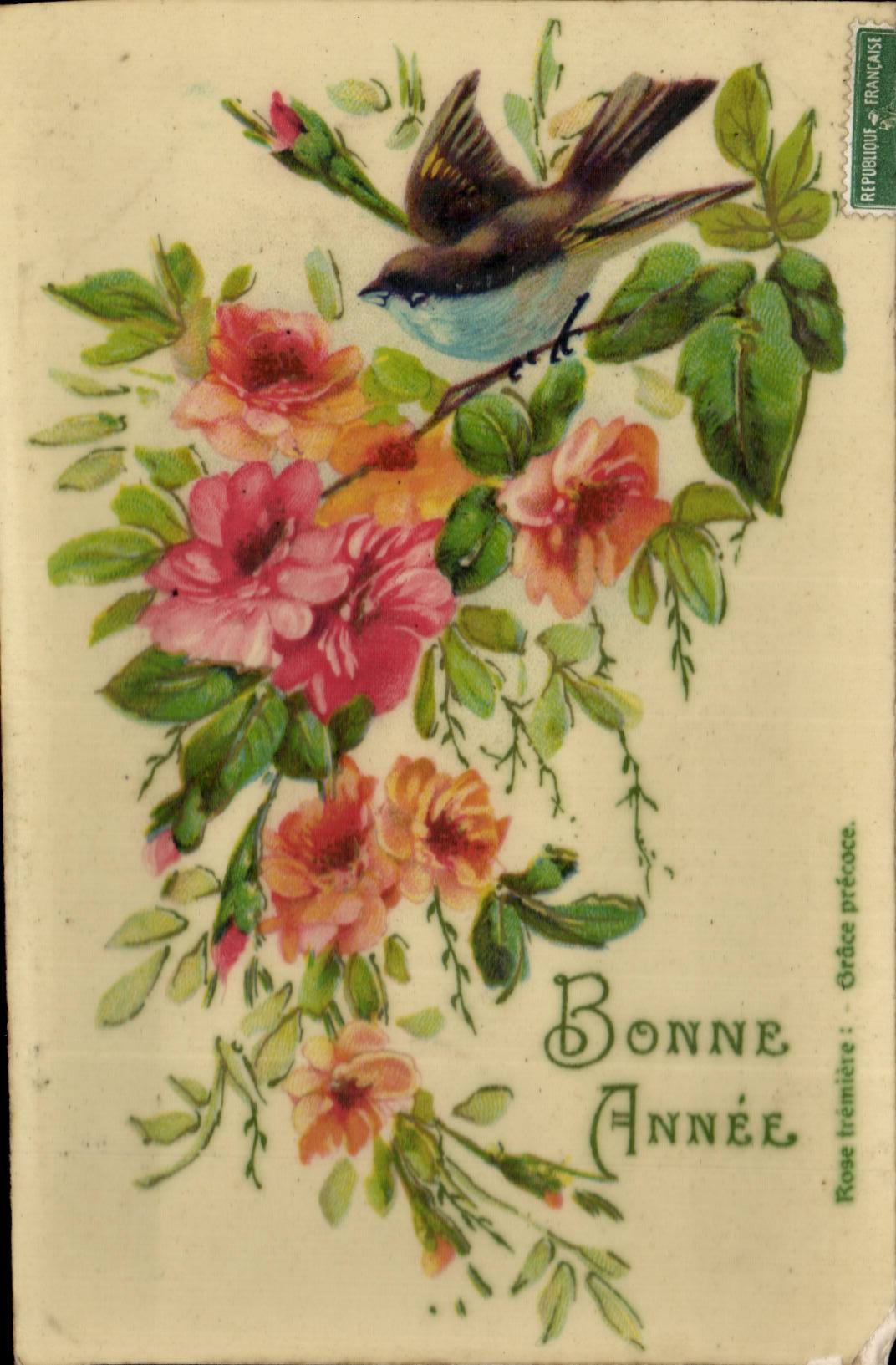 Fleurs - Flowers - Colorful flowers with hopping bird - oiseau - CPA 
