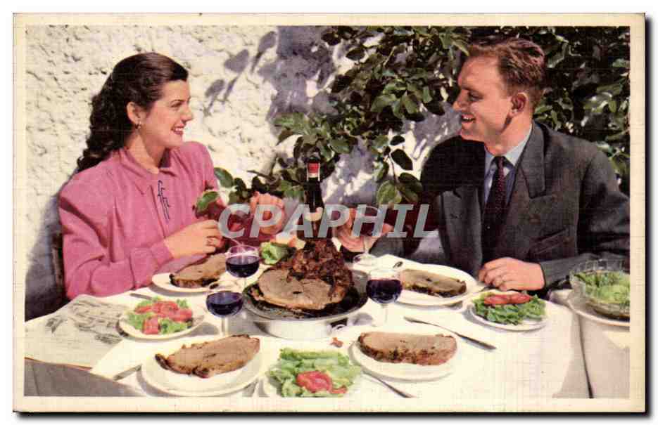 Fantaisie - Couple - Eating a fabulous meal - wine - vin Pan American World Airways - CPA 