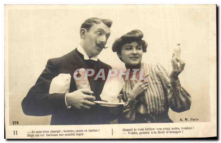 Fantaisie - Couple - Fleur d'oranger - la cuisine - les courses - humour - CPA 