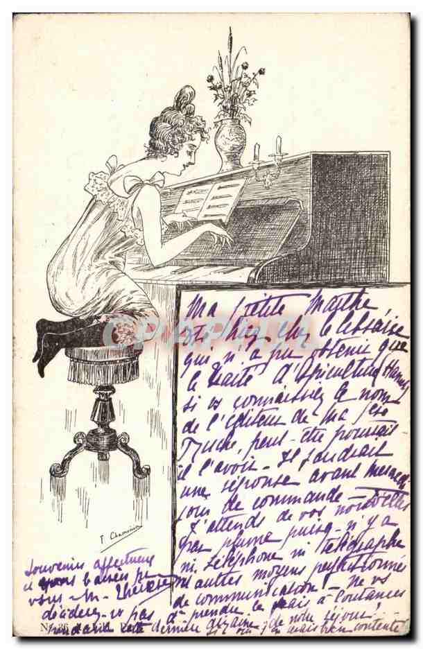 fantaisie - Femme - Piano - Klavier - humour - illustration - CPA 