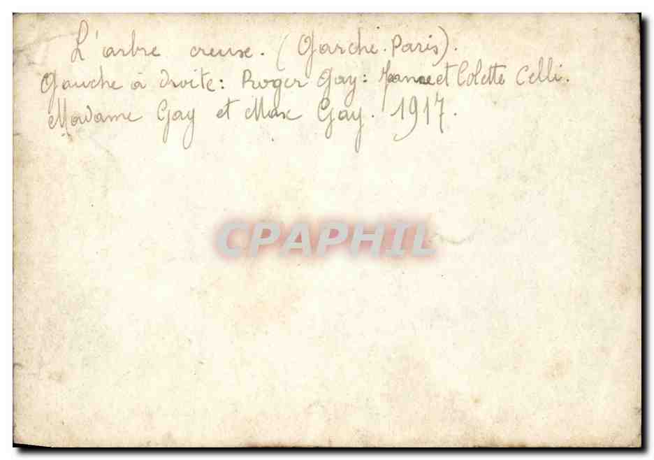 CARTE PHOTO Garche Paris Fantaisie - Enfant - children - tree house fun CPA Madame Gay et Max Gay 1917 Celli — Rückseite