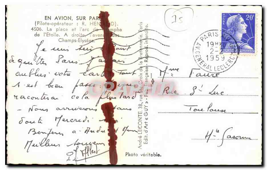 Paris - En Avion sur Paris - La Place et l'arc de Triomphe de l'Etoile - CPA  — Rückseite