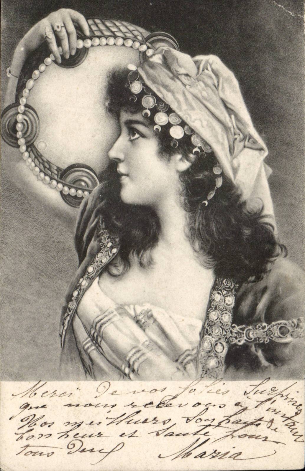 Fantaisie - Femme - Beautiful woman with tambourine - musique - music - CPA 