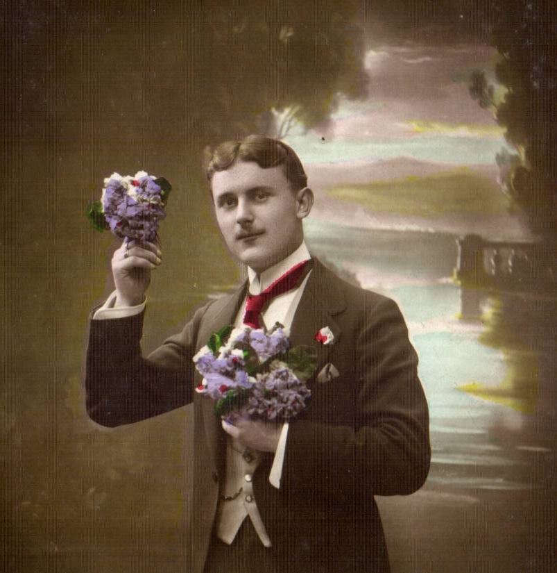 Fantaisie - Homme - Man with sweet bouquet - CPA 