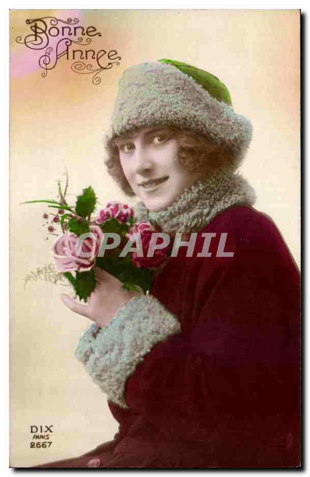 Fantaisie - Femme - Heureuse Annee - Woman with fur cap - houx - holly - CPA 