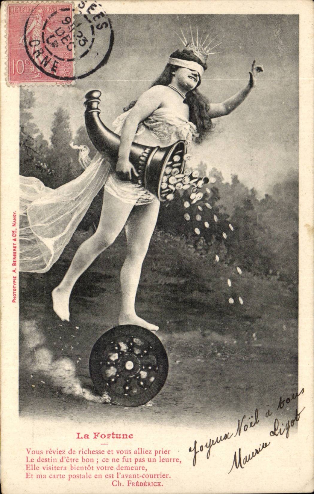 Fantaisie - Femme - La Fortune - rare card corne d'abondance CPA 