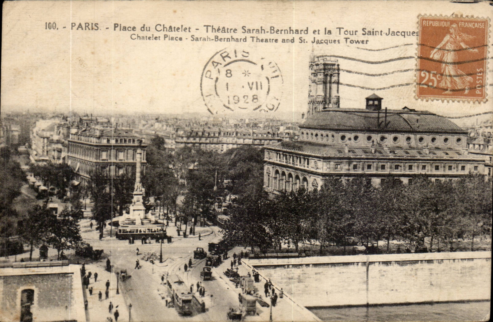 Paris - 1 - Place du Chatelet - Theatre Sarah Bernhard et le Tour Saint Jacques CPA 