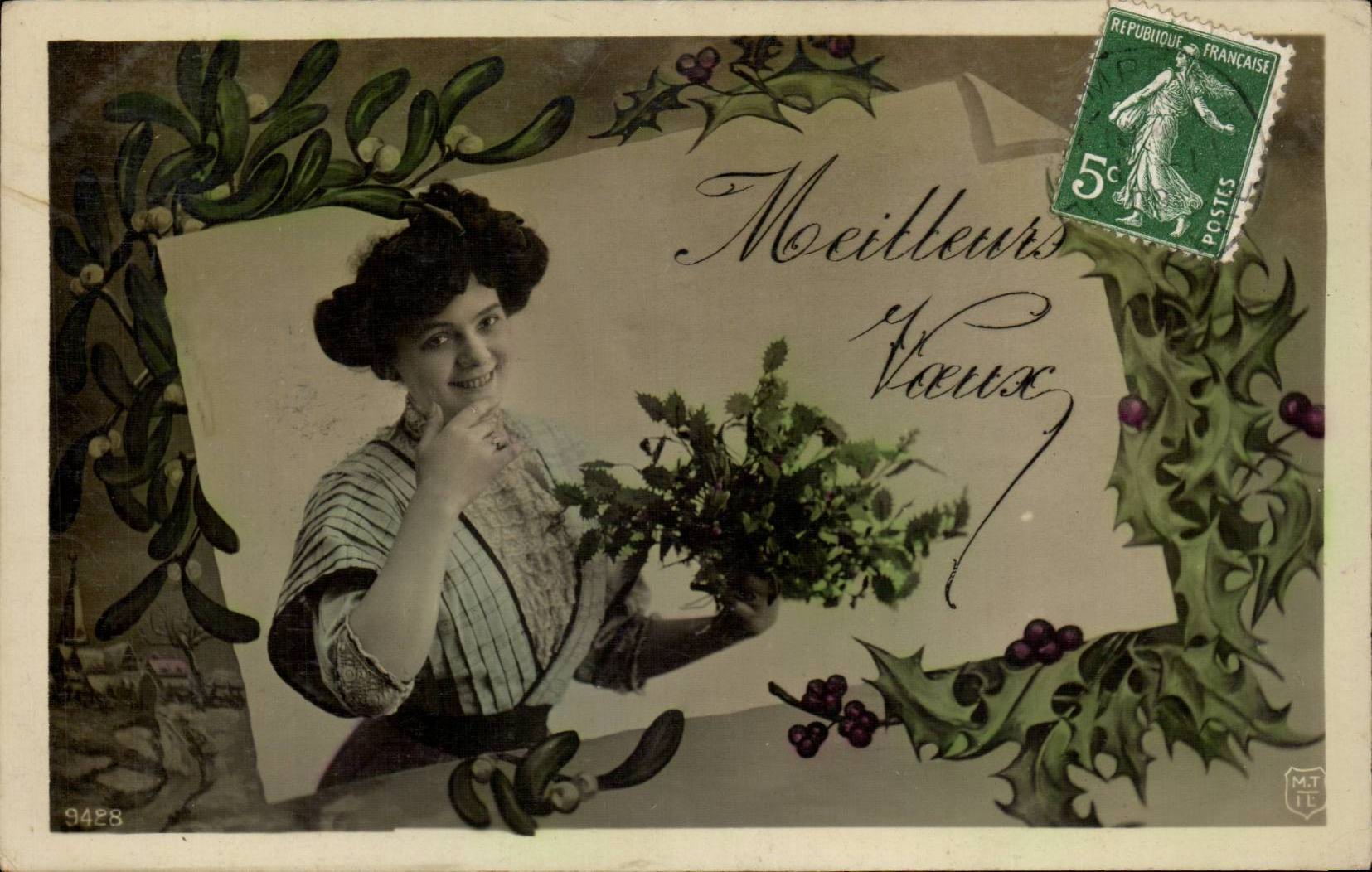 Fantaisie - Femme - Meilleure Voeux - houx - holly CPA 