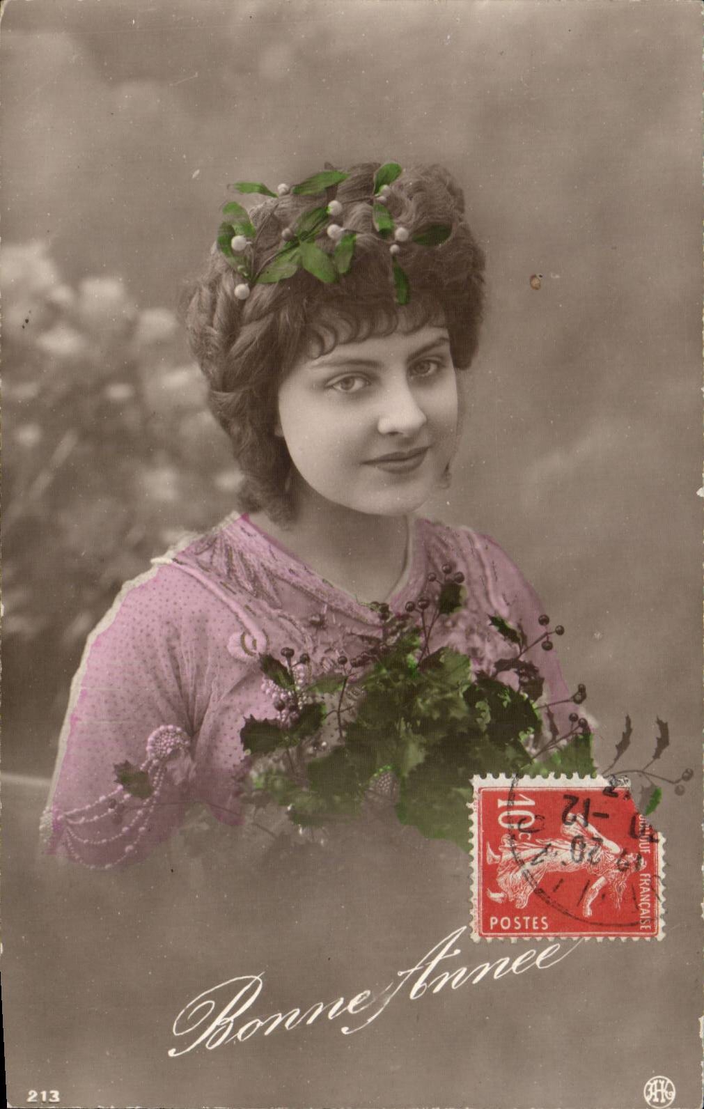 Jeune femme avec couronne de gui — Bonne Année — éditeur anonyme, n° 213