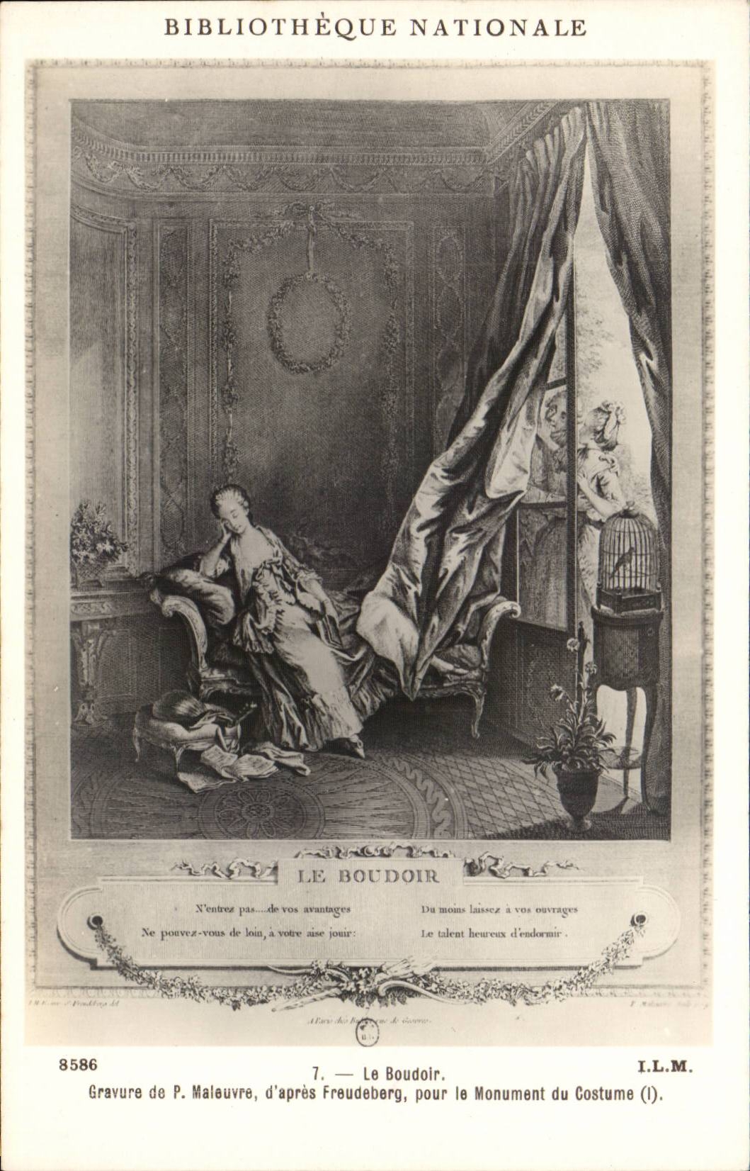 Bibliothèque Nationale — Le Boudoir — Gravure de P. Maleuvre d'après Freudeberg pour le Monument du Costume (I.L.M. n°8586)
