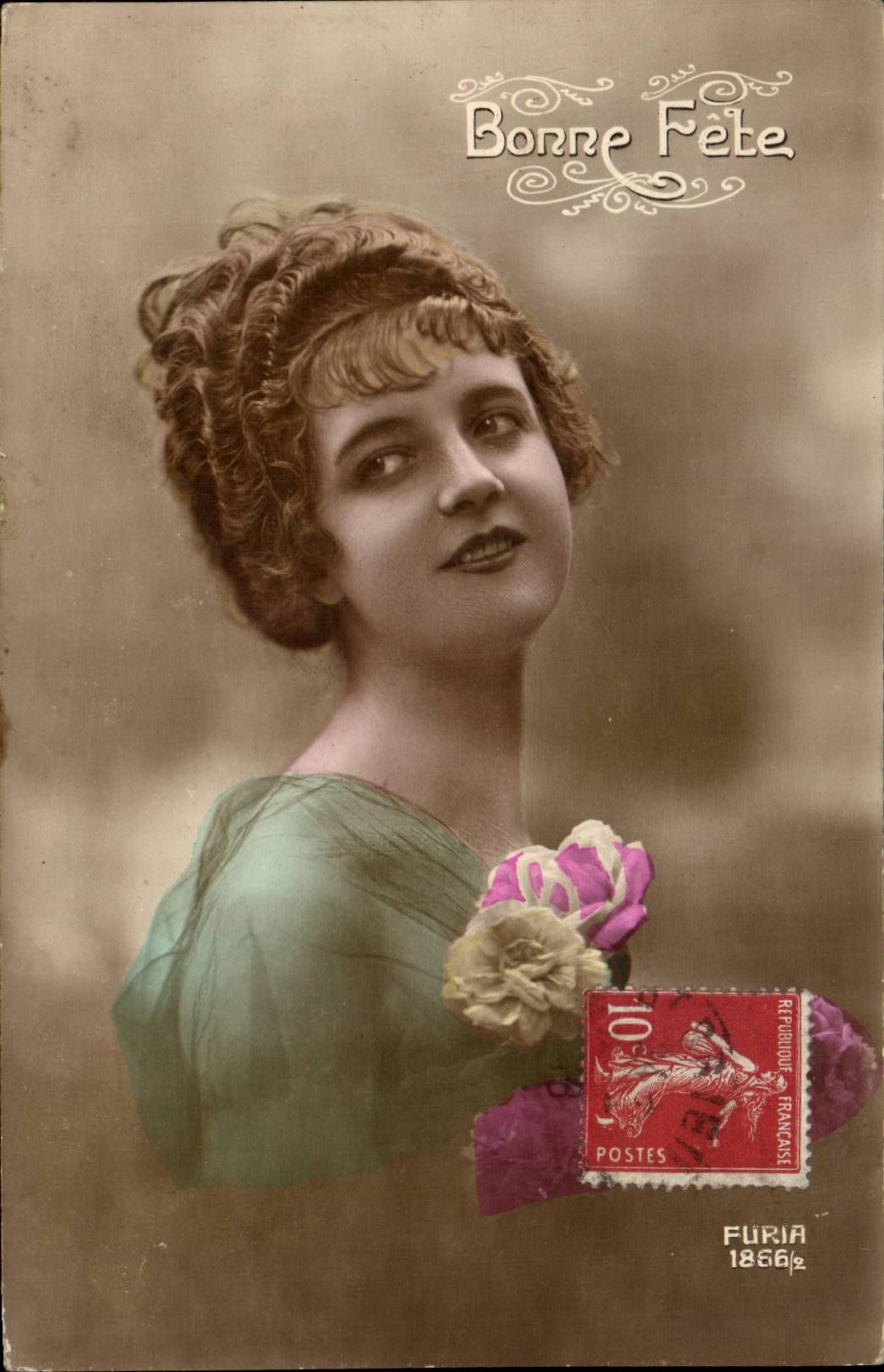 Jeune femme — carte de vœux 'Bonne Fête' — Furia, n° 1866½