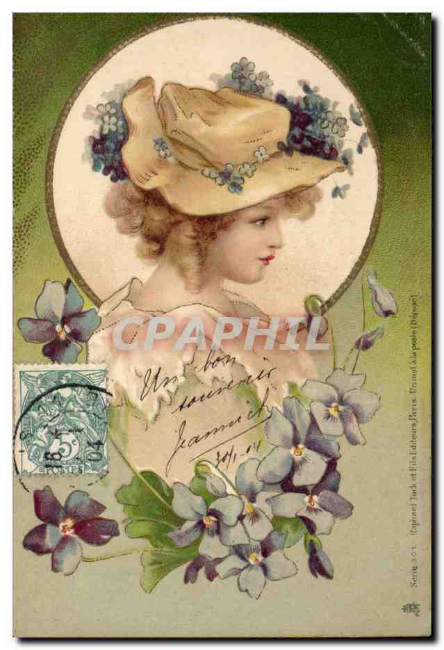Joven mujer con sombrero de flores — serie n.º 83 — editor Rajjaon Tuck & Fils, Editores, París