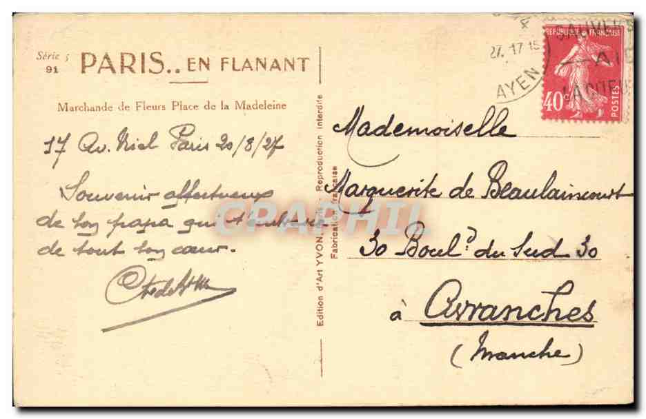 Paris - 8 - Yvon - Marchande de Fleurs - Place de la Madeleine - CPA  — Verso