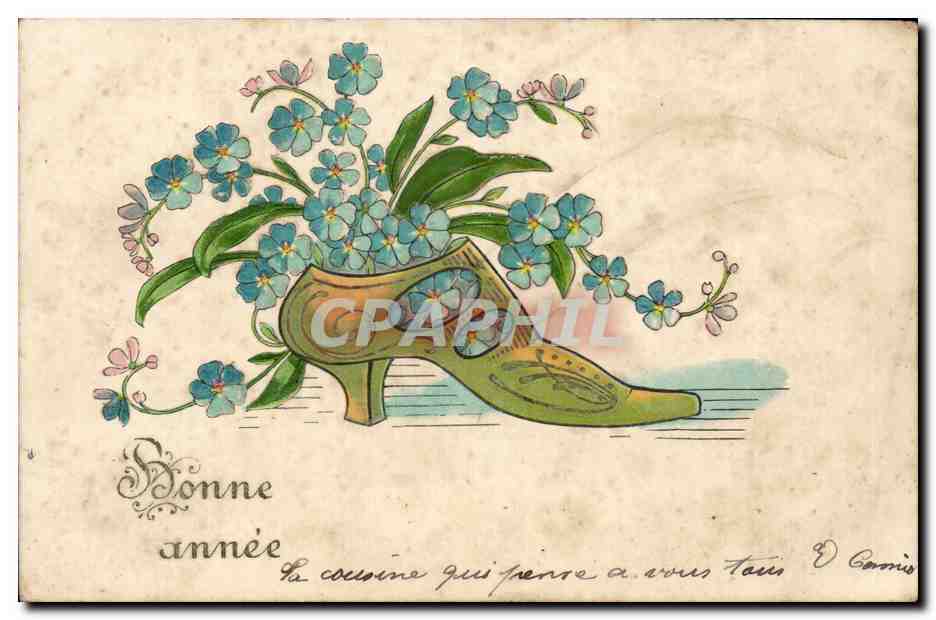 Fetes - Bonne Annee - antique shoe with flowers Chaussure CPA 
