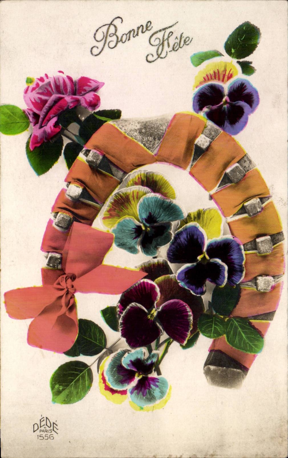 Fete - Bonne Fete - Fleurs - Pensee - Cheval a Fer - horse shoe CPA 