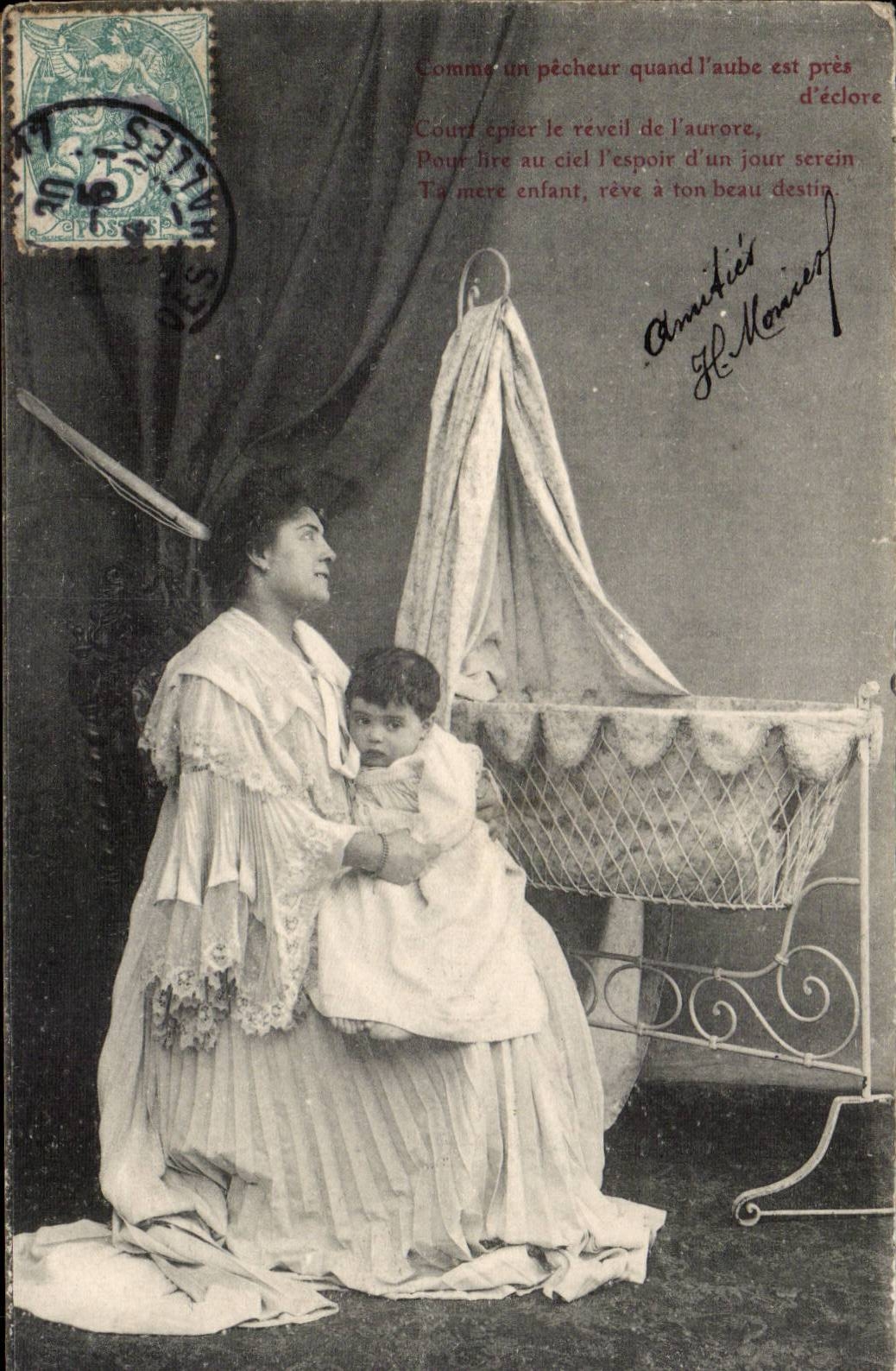 Mère et enfant — poème sur fond de berceau — H. Monnier