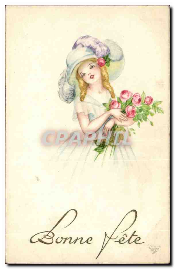 Fantaisie - Femme - Bonne Fete - Saucy Woman with Flowers - CPA 