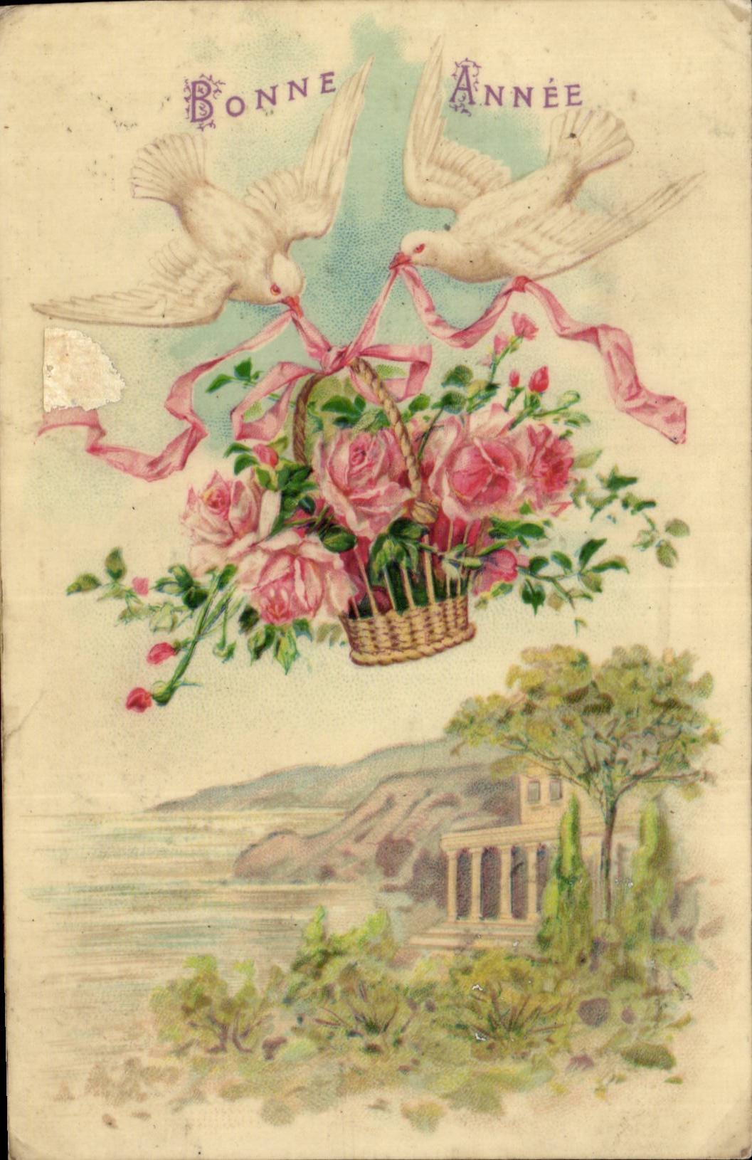 CPA Fantaise Fleurs et Colombes Bonne annee