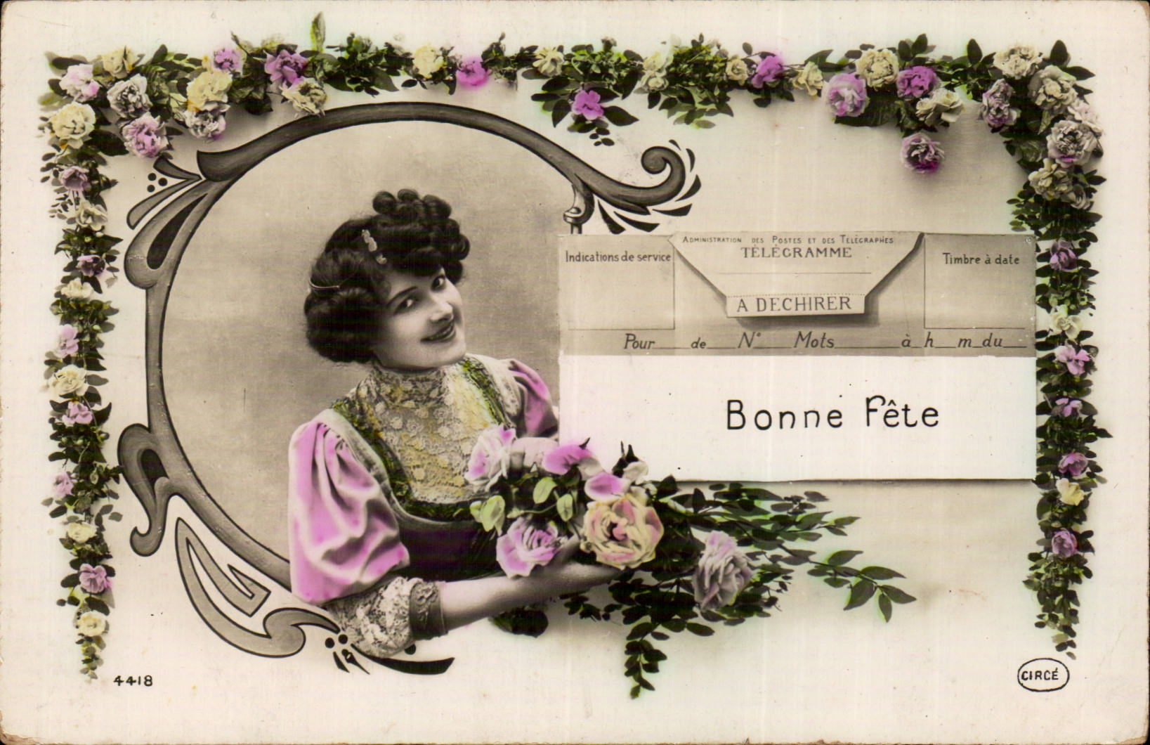 Femme souriante avec bouquet — carte télégramme 'Bonne Fête' — CIRCÉ, n°4418
