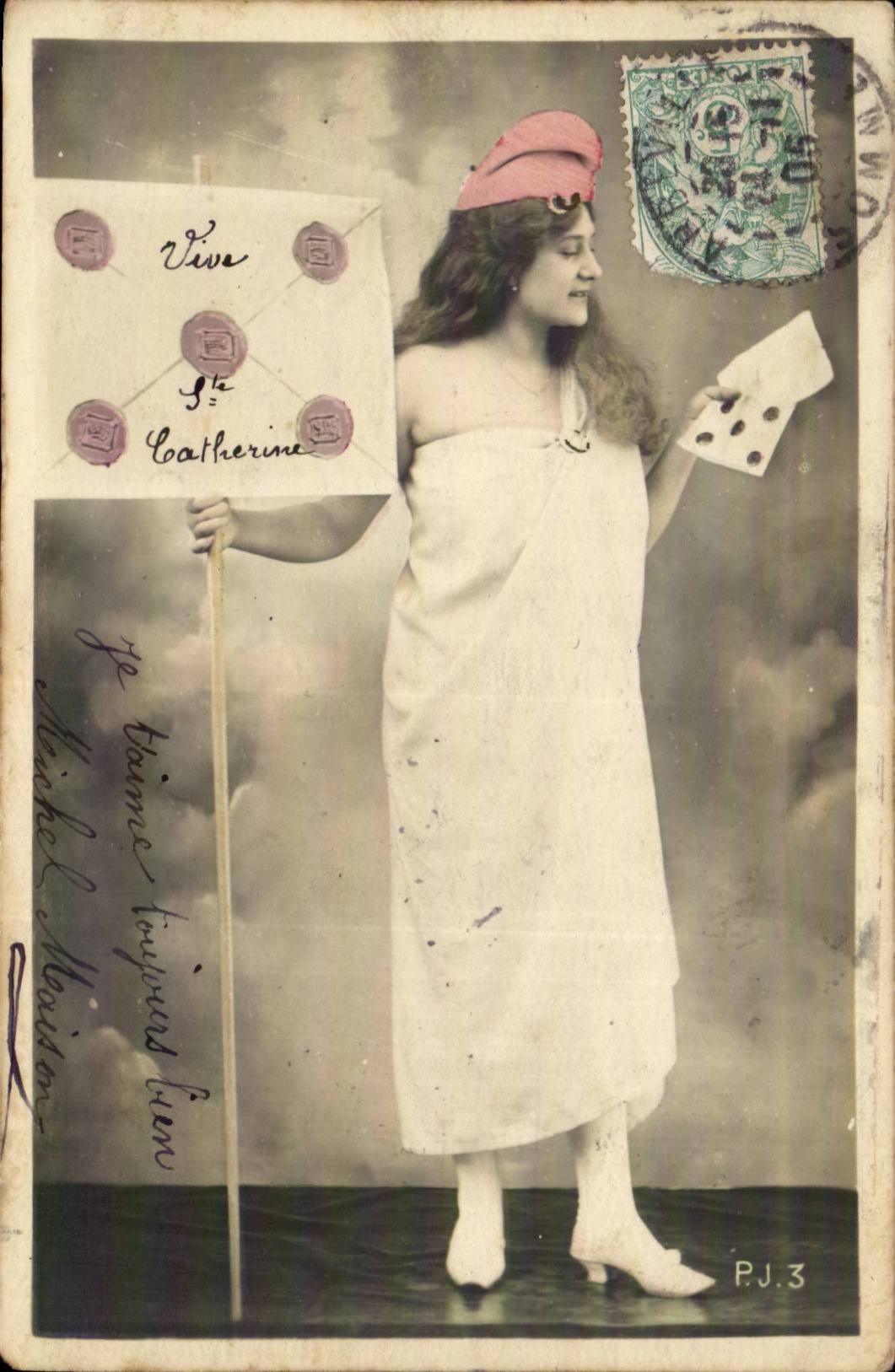Femme en robe blanche et chapeau rose — dédicace à Catherine — éditeur P.J.3