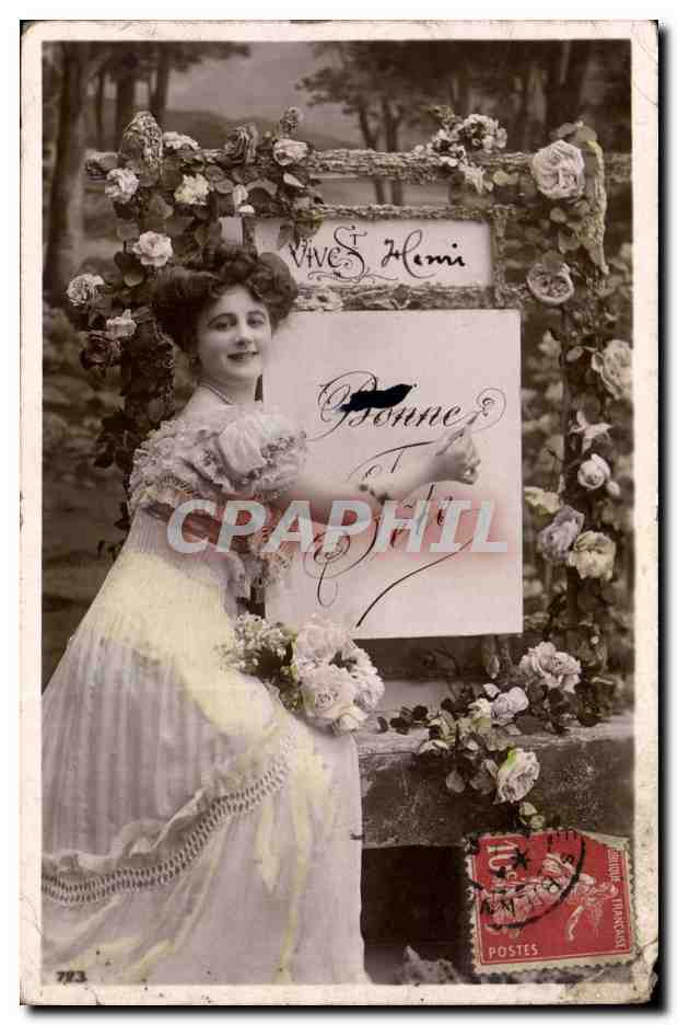 Frau in Rüschenkleid — vor blühendem Rahmen mit Aufschrift 'Vive Henri' und 'Bonne Année' — Verlag nicht sichtbar, n° 783