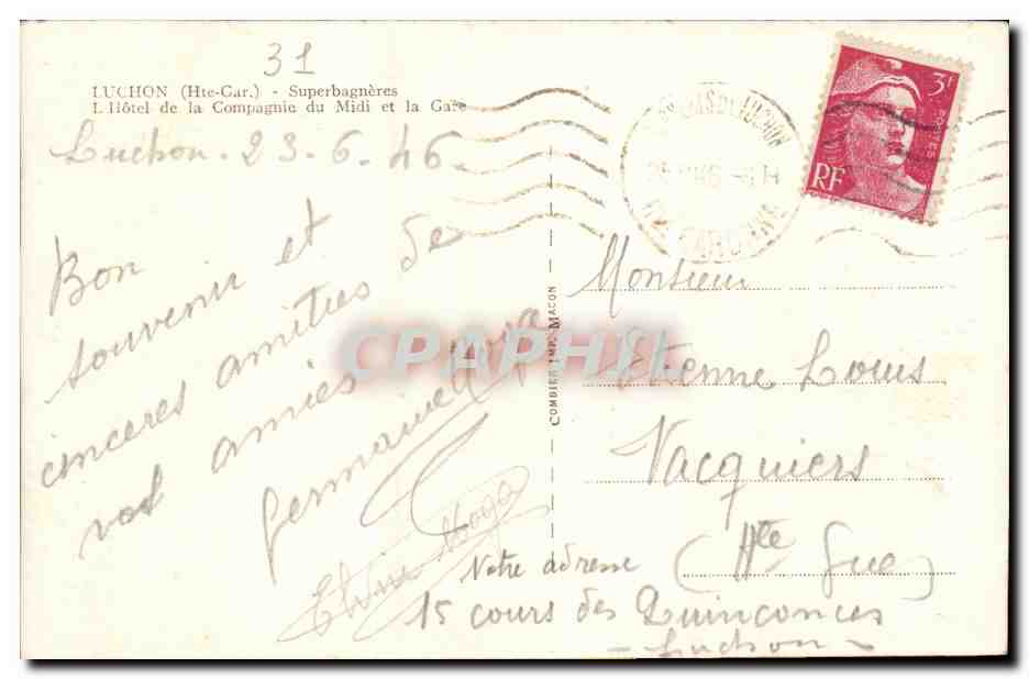 Hôtel de la Compagnie du Midi et la Gare — Luchon (Hte-Garonne) — éditeur Cim — Verso
