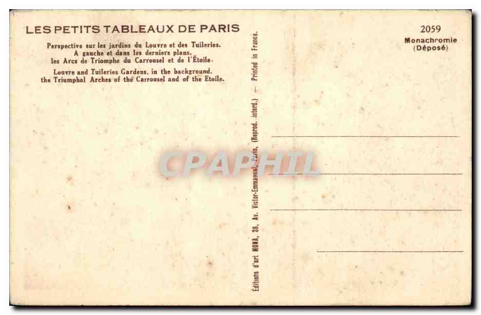Paris CPA Perspective sur les jardins du Louvre et des Tuileries  — Verso