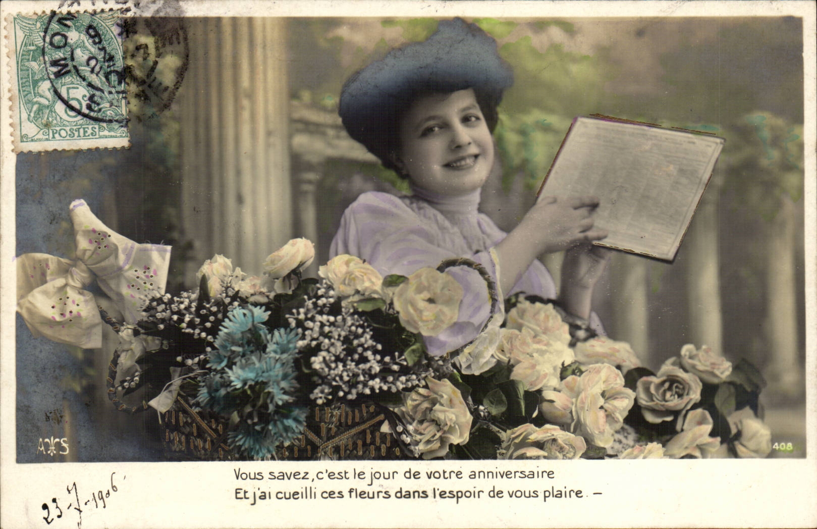 Femme avec bouquet de fleurs — Anniversaire — A. D. S. n° 408