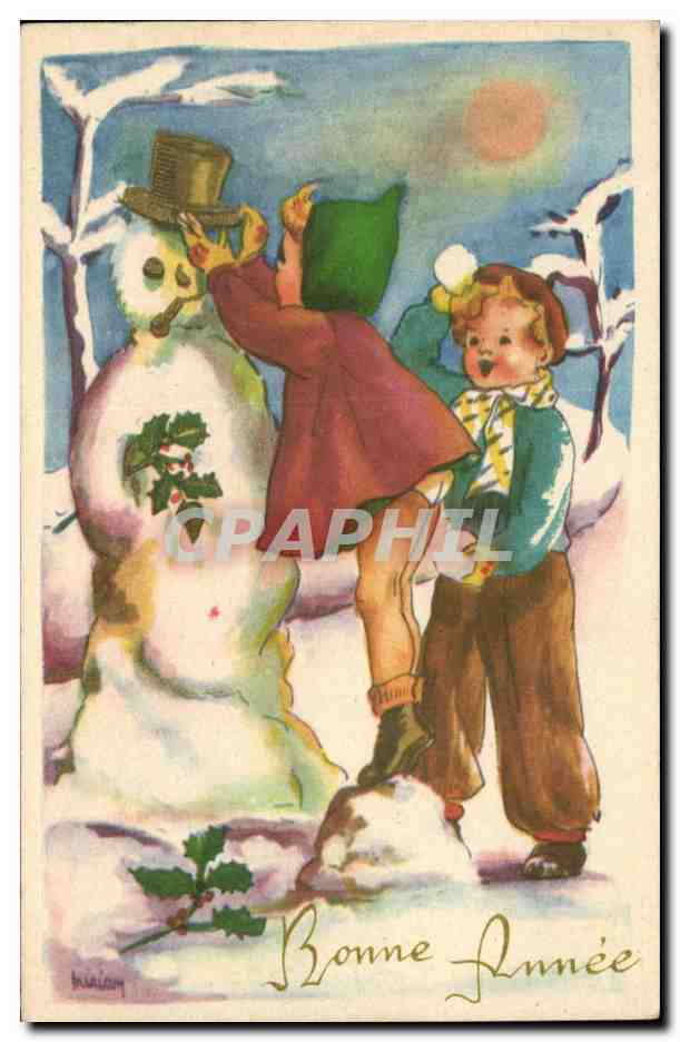 CPM Fantaisie Enfant Bonne Annee Bonhomme de neige