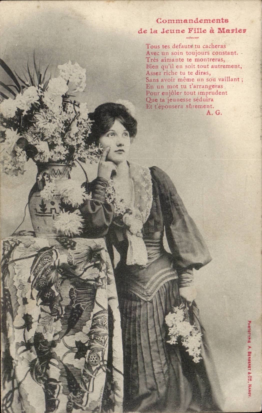 Jeune femme à côté d'un vase de fleurs — Commandements de la Jeune Fille à Marier — Phototypie A. Brenner à Nantes