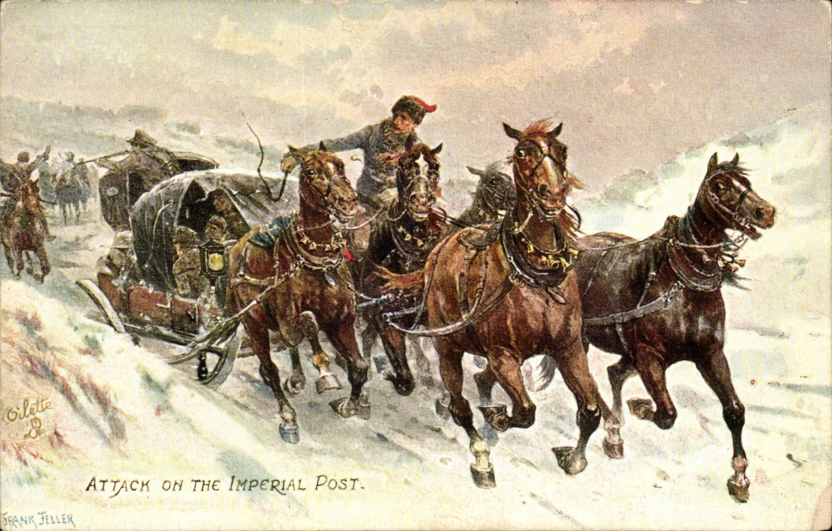 CPA Fantaisie Attack on the imperail post Attaque de la poste imperaile Chevaux Horse Horses Life in Russia Russie