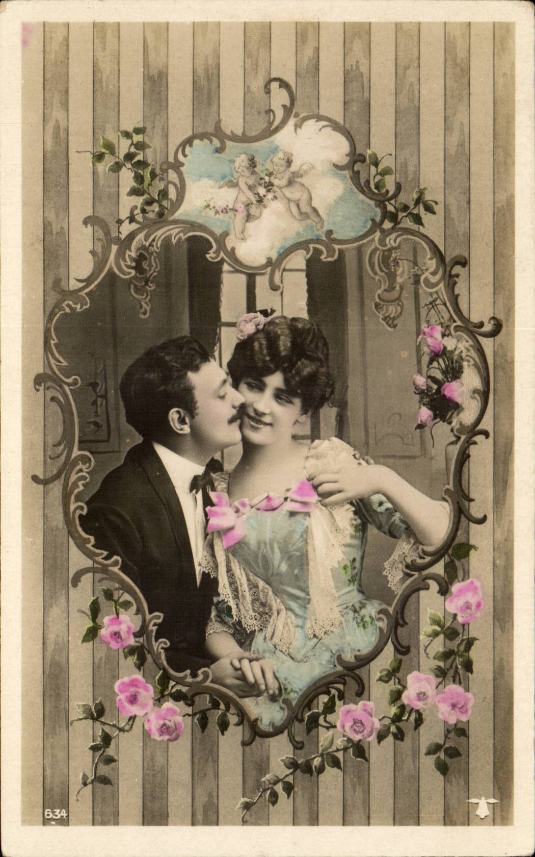 Couple amoureux — scène romantique avec anges et roses — éditeur non identifié, n° de série 634