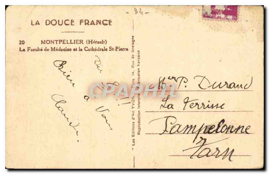 Montpellier — La Faculté de Médecine et la Cathédrale Saint-Pierre — Éditions d'Art Yvon, n°20 — Rückseite